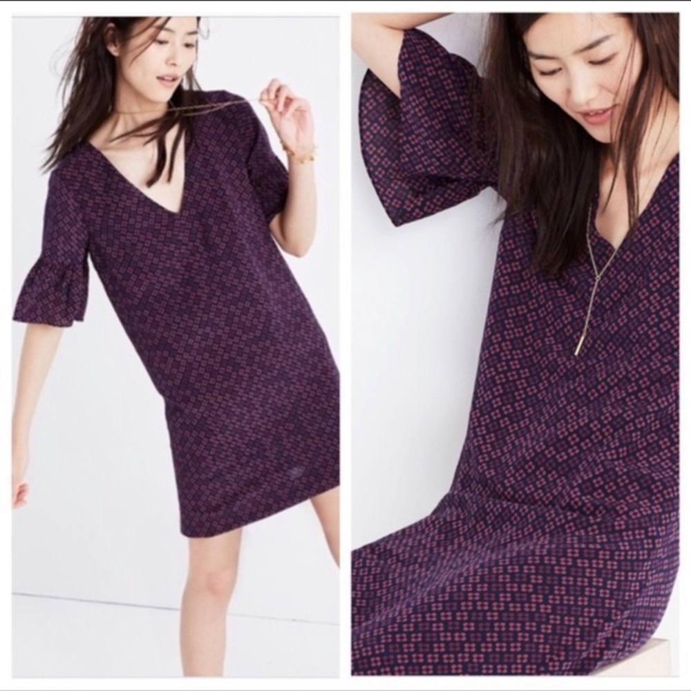 MADEWELL 100% SILK PAINT CLOVER BELL SLEEVES DRESS